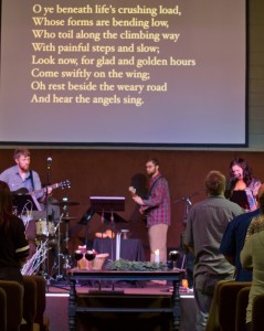 Kristen Gilles leading "It Came Upon A Midnight Clear" with Sojourn Music worship band.