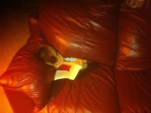 Our son Logan Gilles, obliviously reading a book as he literally sinks inside the fold of our leather couch.