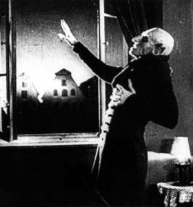 Nosferatu dying in the sun (from the German black-and-white movie "Nosferatu")