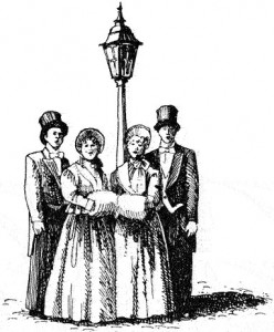 Drawing of Charles Dickens-era carolers singing under a street lamp.