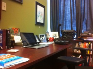 A photo of Bobby Gilles's office. Everything is just where he wants it ... even his unusable antique Underwood Standard typewriter